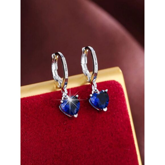 Sapphire Blue Heart Cubic Zirconia Silver Pendant Drop Earrings Dangle Hoop - Picture 1 of 5